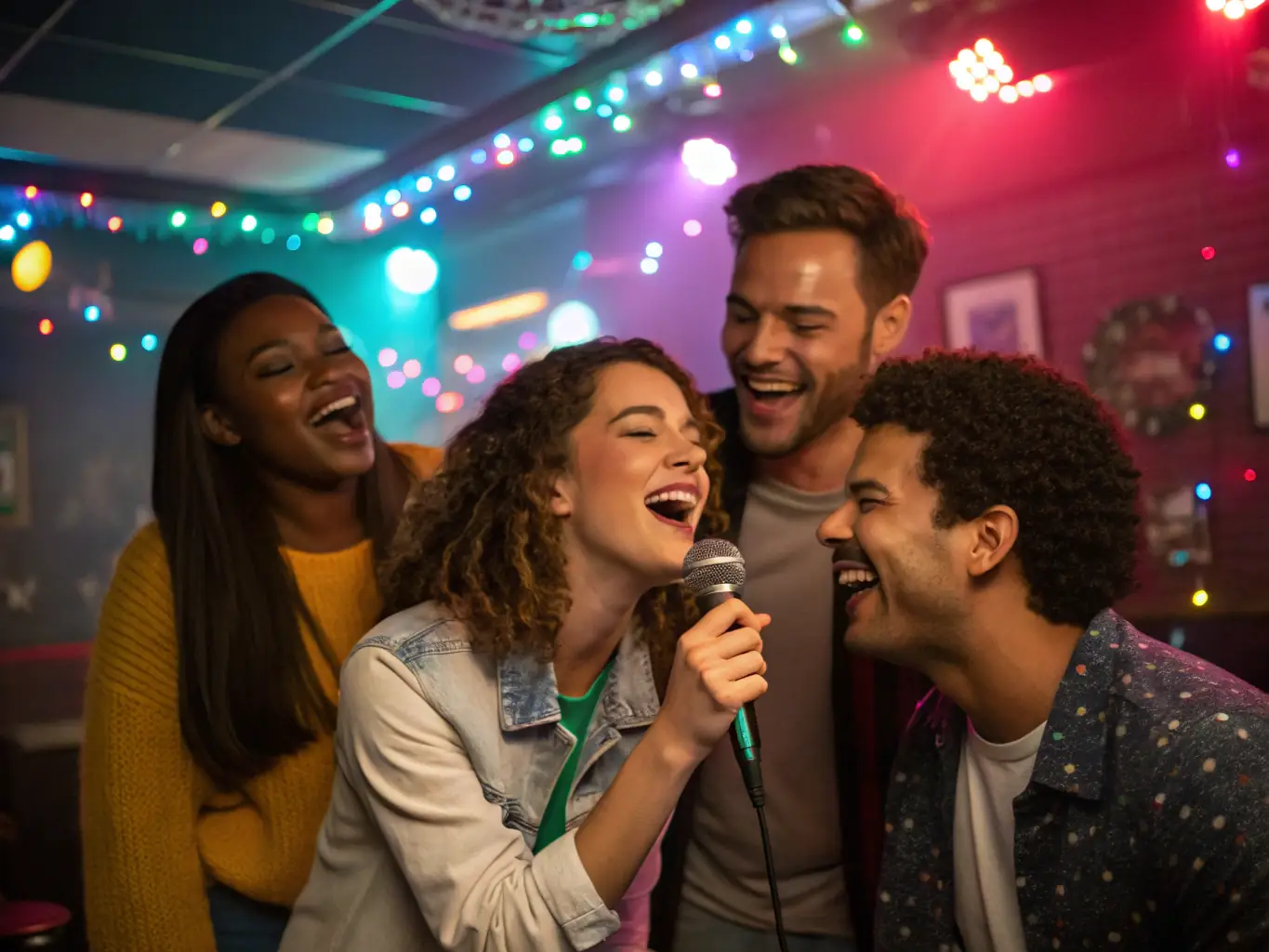 Guests enjoying a karaoke session at a party, demonstrating SoundVision's karaoke system rentals.