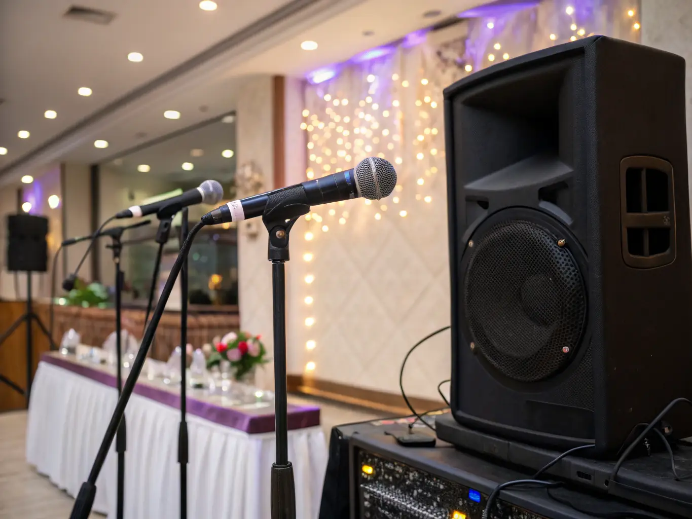 A high-quality sound system set up at a corporate event, showcasing SoundVision's professional audio equipment.