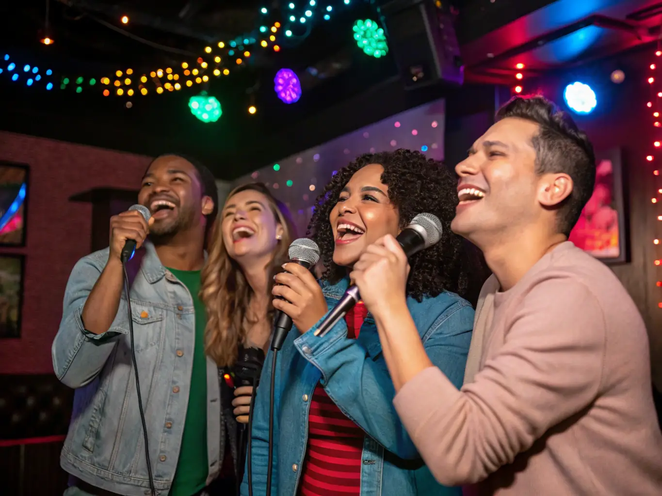 A lively party scene with guests enjoying a karaoke session, showcasing SoundVision's karaoke system rental service.