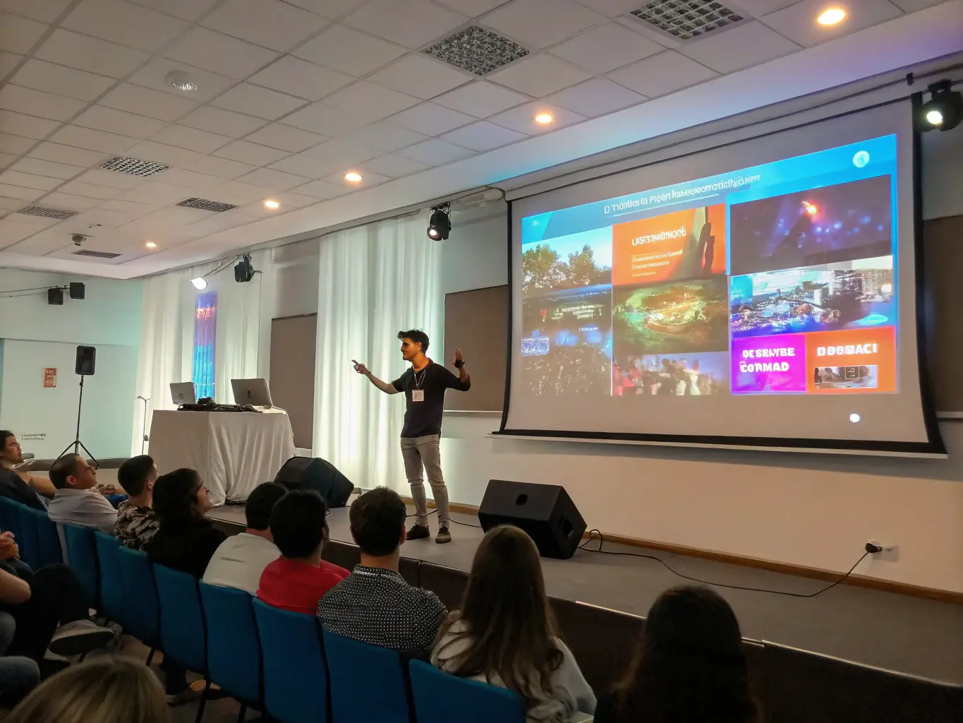 A projector displaying a presentation at a corporate event, highlighting SoundVision's visual equipment rentals.