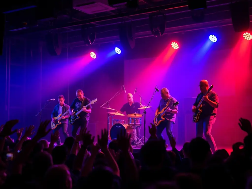 A dynamic shot of a live band performing on stage with professional lighting and sound equipment provided by SoundVision.