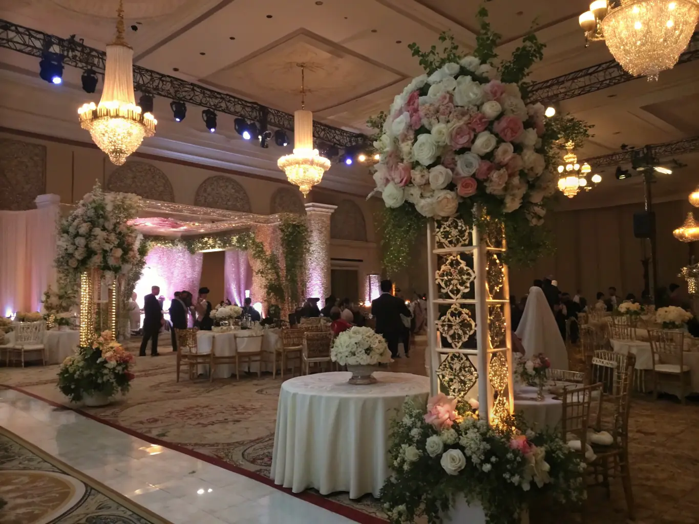 A vibrant image of a wedding reception with a projector displaying a slideshow of the couple, highlighting the visual impact.