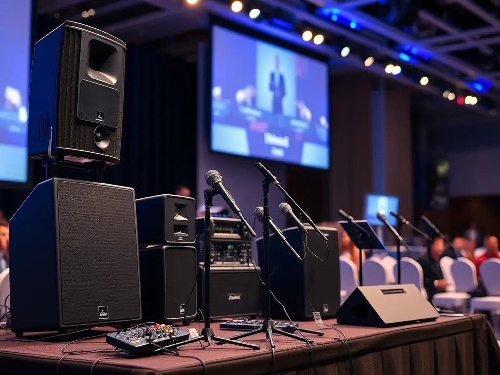 A high-quality photo of a professional sound system setup at a corporate event, showcasing speakers, mixing console, and microphones.