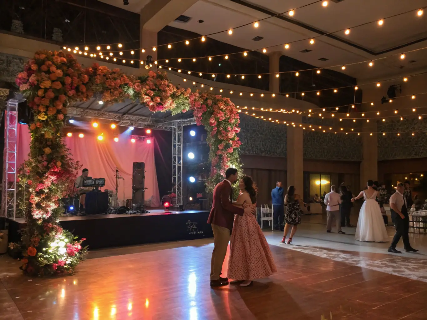 An energetic image of a DJ and karaoke setup at a wedding reception, with guests enjoying the music and entertainment.