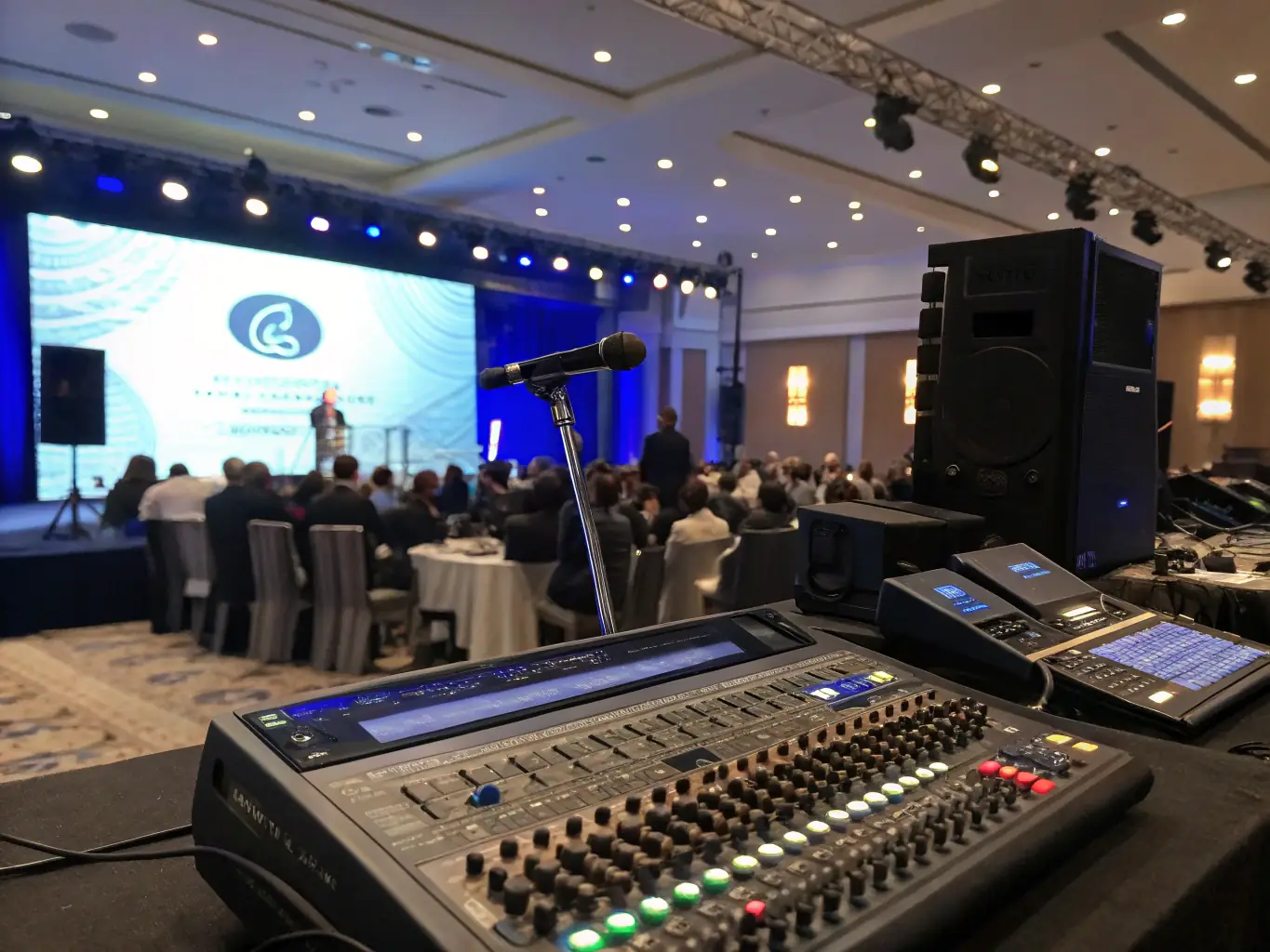 A high-quality image showcasing a state-of-the-art sound system setup at a corporate event, with clear speakers and professional audio equipment visible.