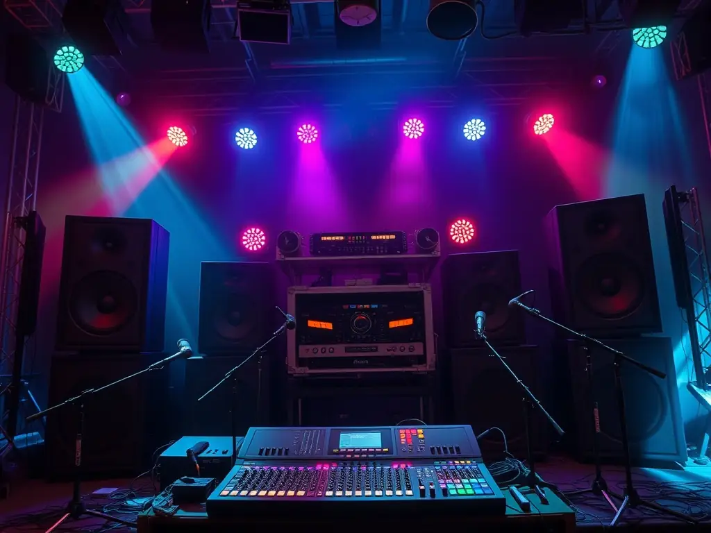 A high-quality sound system setup with professional speakers, microphones, and mixing console, suitable for a corporate event or live performance, showcasing Kingdom AV Singapore's sound system rental services.