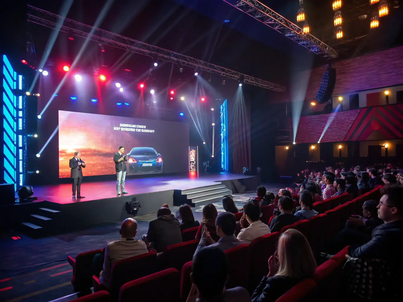 A visually striking image of a projection system displaying a vibrant presentation at a product launch event, highlighting the clarity and impact of the visuals.