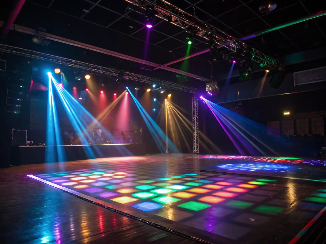 A dynamic lighting setup with various colored lights illuminating a stage or dance floor, creating an energetic atmosphere for a karaoke night or DJ performance, highlighting Kingdom AV Singapore's entertainment services.
